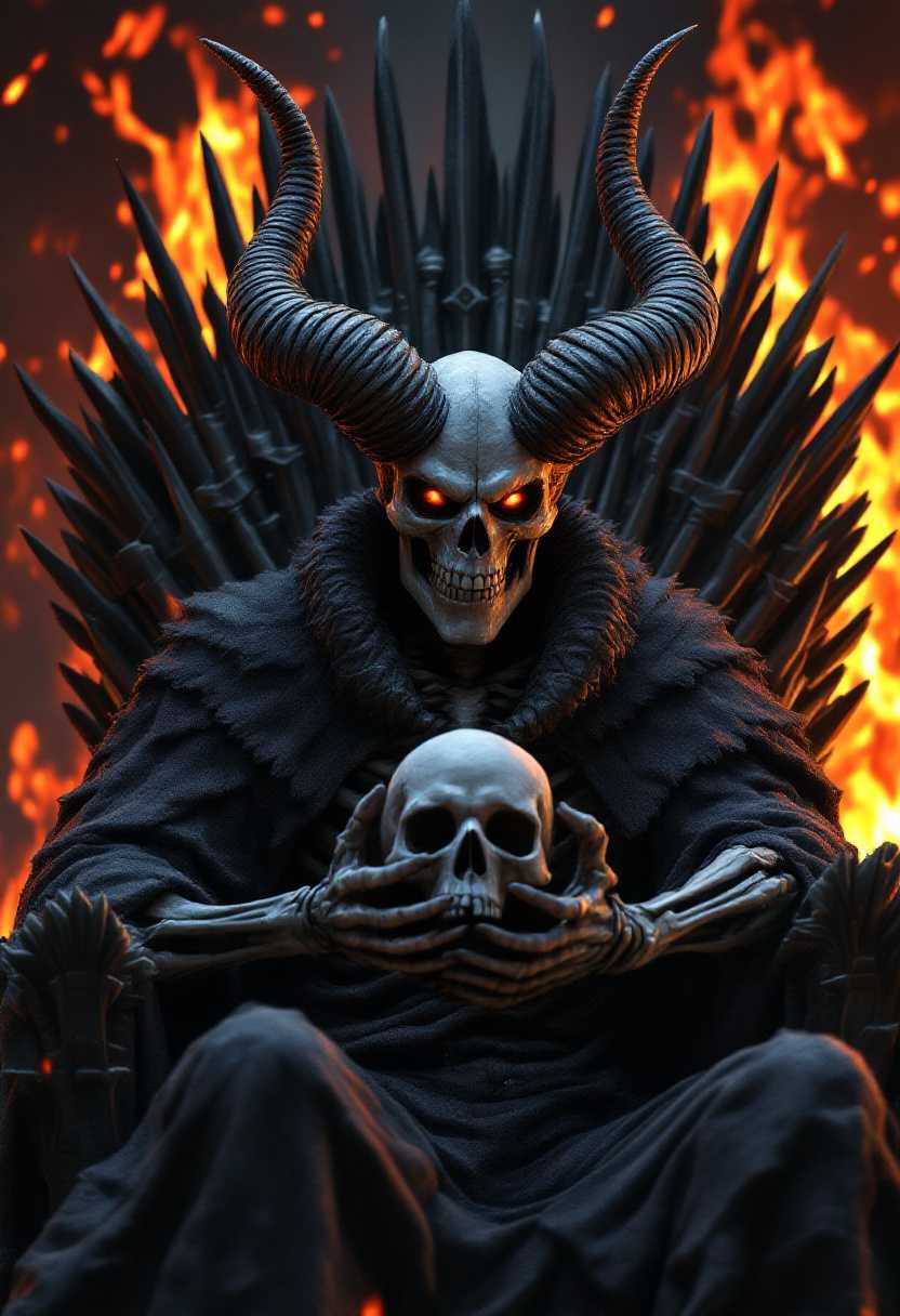 A 3d hyper-realistic, 8K HD photograph set in the intense, sharp style of "Game of Thrones". The scene features a devil-like skeleton with enormous, intricate curly horns. sitting on a throne iron jagged, twisted swords, sharp, intimidating, cold, imposing, menacing, unforgiving., looking a viewer, 3d photo flame's blaze behind it, giving the scene a comic effect with bold black line detailing. The skeleton is smiling wickedly, holding a a human skull in the palm of his hand in one hand. style of Disney Pixar