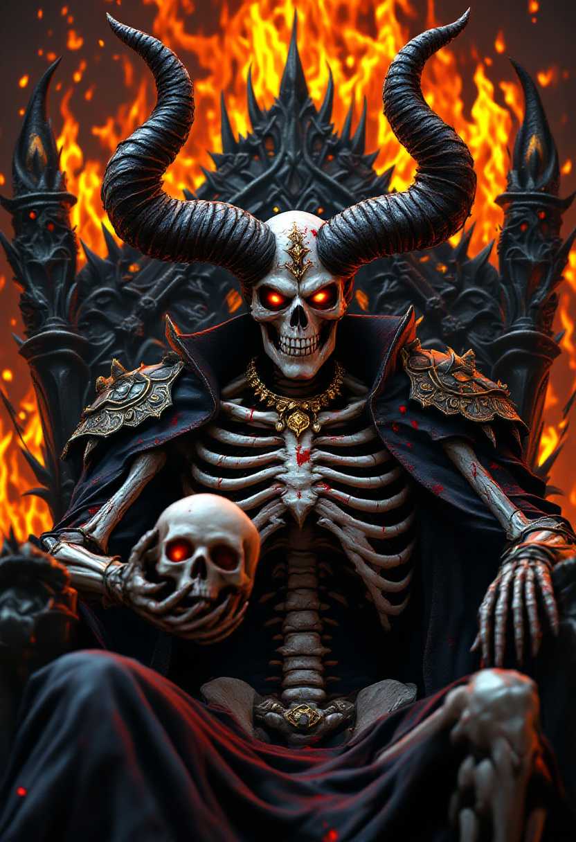 A 3d hyper-realistic, 8K HD photograph set in the intense, sharp style of "Game of Thrones". The scene features a devil-like skeleton with enormous, intricate curly horns. sitting on a throne iron jagged, twisted swords, sharp, intimidating, cold, imposing, menacing, unforgiving., looking a viewer, 3d photo flame's blaze behind it, giving the scene a comic effect with bold black line detailing. The skeleton is smiling wickedly, holding a a human skull in the palm of his hand in one hand. style of Disney Pixar, wearing armor, gold and jewellery, he has rotting bloody flesh on his ribs, red eyes