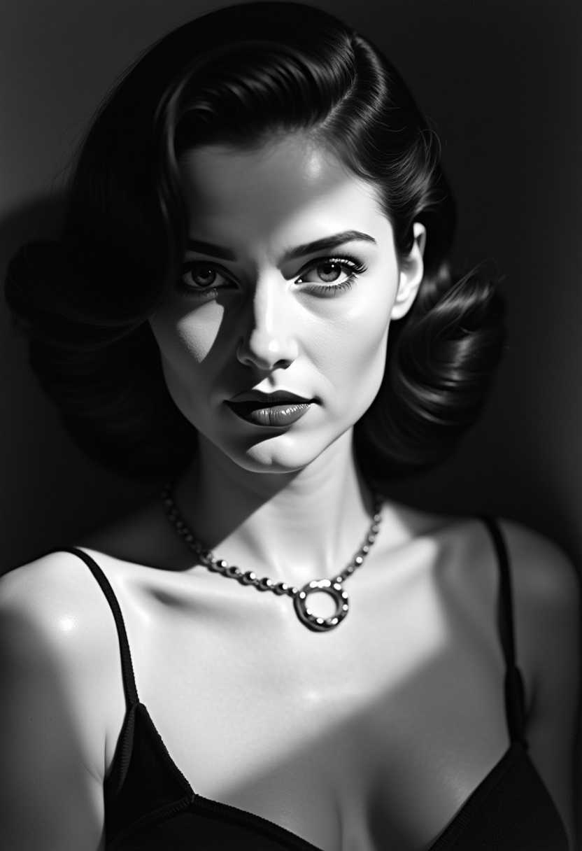 This is a monochrome portrait of a person, likely a woman, with a strong, confident gaze. The subject is wearing a simple, elegant necklace that appears to be made of a single, continuous loop of metal, which sits just below the chin. The hair is dark and falls in soft waves around the shoulders, giving a sense of mid20th century styling.The art style is reminiscent of classic Hollywood glamour photography, with a focus on dramatic lighting and shadow to sculpt the subjects features. The lighting is chiaroscuro, with a strong contrast between the light and dark areas of the image. The shadow on the right side of the subjects face and body is deep and dark, while the left side is lit, creating a silhouette effect.The medium appears to be a form of photographic print, given the texture and graininess visible in the image. The colors are limited to black and white, with subtle variations in tone that give depth and dimension to the subjects features and the necklace.Overall, the image exudes a sense of timeless elegance and sophistication, with a strong emphasis on the subjects presence and the interplay of light and shadow.