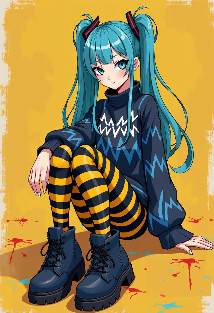 This is an illustration of a character with a striking and stylized appearance. The art style is contemporary, with a blend of digital painting and graphic design elements. The medium appears to be a digital painting, given the smooth blending of colors and the lack of texture that might be present in traditional mediums.The character has long, flowing blue hair with a few strands tied off into bows, giving a playful and somewhat rebellious vibe. The hair is detailed with a few highlights and shadows, which add depth and dimension to the overall look.The character is wearing a longsleeved top with a high neckline, featuring a pattern of zigzag lines and stripes in various shades of blue, black, and white. The top has a somewhat rugged and edgy feel, with a mix of textures that give it a tactile appearance.The character is also wearing striped leggings in a bold black and yellow pattern, which are reminiscent of a bees stripes. The leggings are fitted and have a slightly distressed look, with some areas appearing worn or faded.The character is sitting with their legs crossed, and their feet are adorned with chunky, platform shoes in a dark blue color. The shoes have a rugged design with a thick sole and a laceup front, which complements the overall edgy aesthetic of the outfit.The background of the image is a warm, mustard yellow with some abstract brush strokes and splashes of red, which contrast with the cool tones of the characters hair and clothing. The background gives the impression of a textured wall or a painted surface, adding to the overall aesthetic of the artwork.Overall, the image exudes a sense of youthful energy and edgy fashion, with a touch of whimsy and fantasy. The use of color and texture is skillfully executed, creating a visually appealing and cohesive piece of art. This image features simplified cartoon 3d characters and scenery that appears to be painted wooden figures or puppets without strings. 
