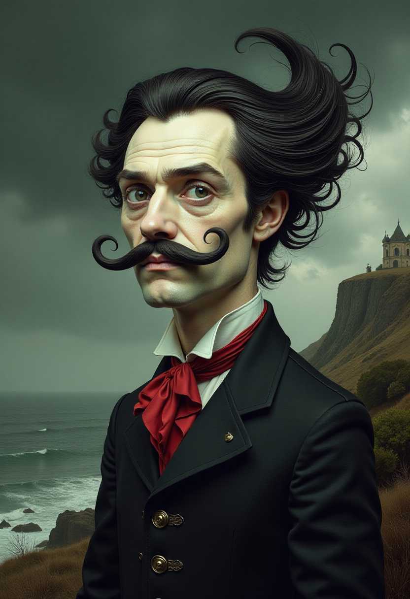 The portrait is stylized and whimsical, with exaggerated features and a fantastical twist. This portrait depicts a figure with a pale complexion and a long, flowing mustache. The figure is wearing a black suit with a red cravat and a white shirt underneath. The suit has intricate detailing, and the figures hair is styled in a wild, swirling fashion, reminiscent of a tornado. The background is a hilltop overlooking a stormy sea.