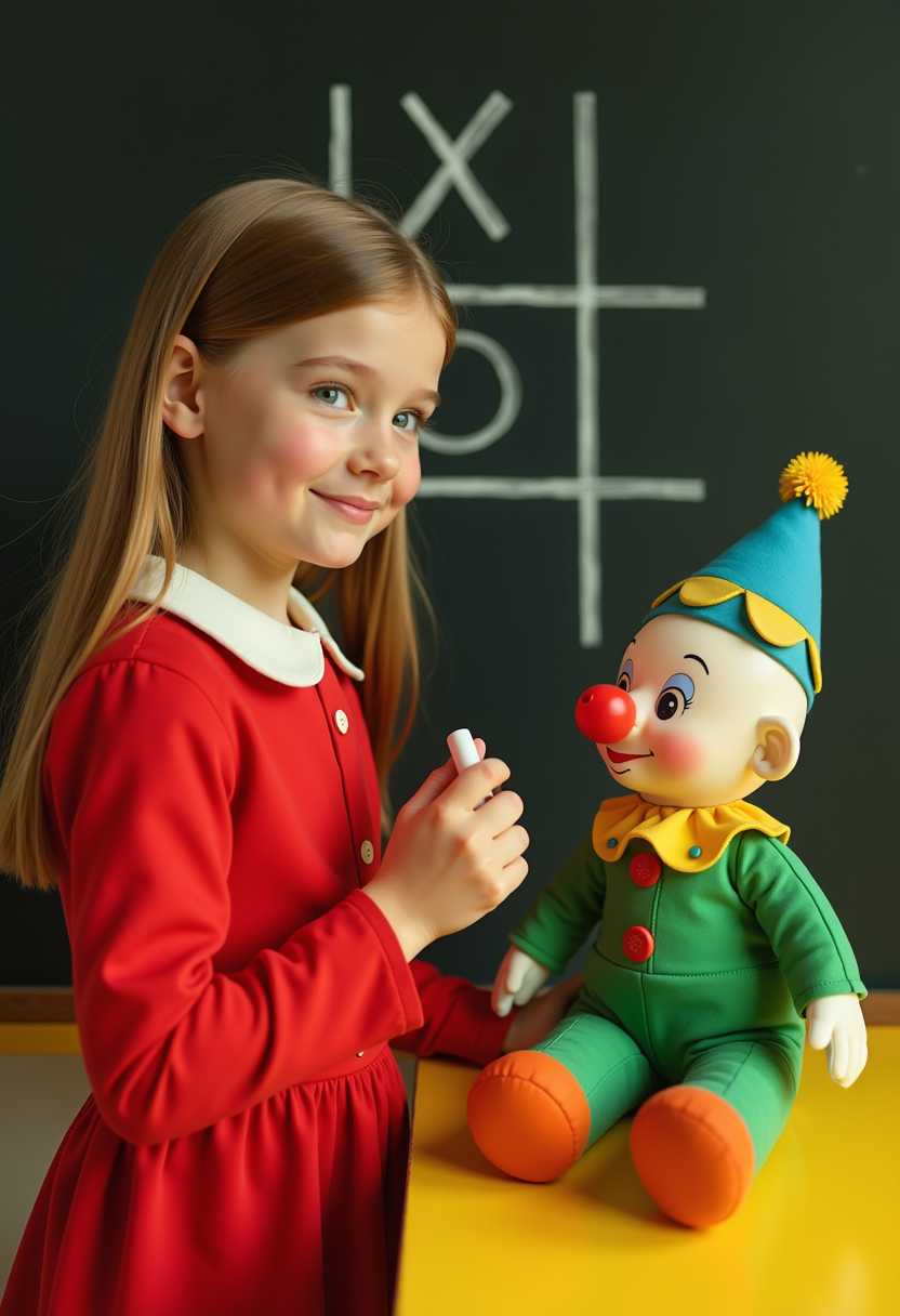 A meticulously crafted vintage photograph capturing a nostalgic mid-20th century scene, embodying the essence of midcentury modern style. The image is infused with bright, primary colors and exhibits a high degree of color saturation, lending it a dreamy and nostalgic aura. 

In the foreground stands a young girl with long, straight hair, elegantly dressed in a vibrant red dress accented with a crisp white collar. She holds a piece of chalk in her right hand, poised with an air of anticipation as her left hand hovers above a tictactoe game drawn on a blackboard behind her. The board displays three moves, with an 'X' prominently placed in the center and an 'O' occupying the top left corner, adding a sense of interaction and youthfulness to the scene.

To the right of the girl sits a charming plush clown doll, adorned in a lively green outfit complemented by a yellow collar and a whimsical blue hat topped with a yellow flower. The doll rests on a sunny yellow surface, likely a table or desk, and gazes warmly at the camera with a friendly expression, enhancing the playful atmosphere.

