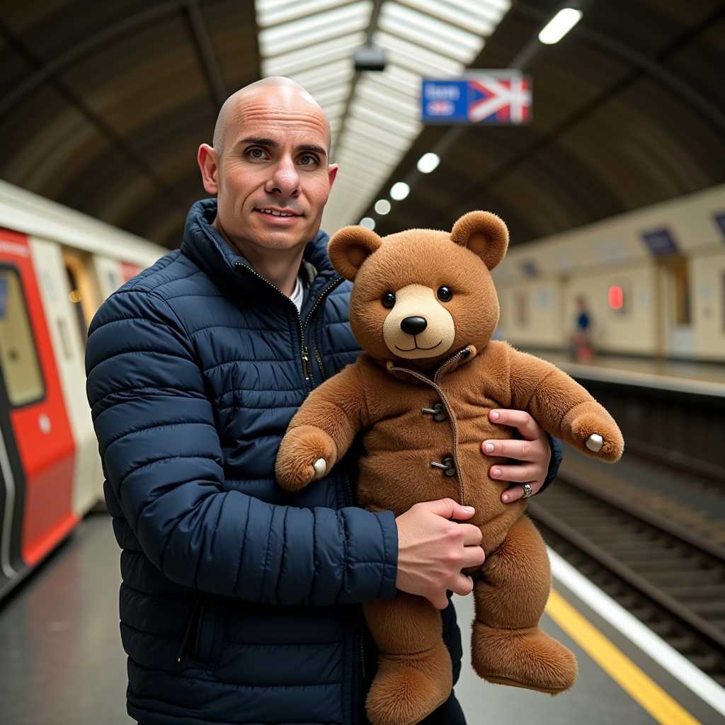 Man with Teddy Bear on Subway Platform