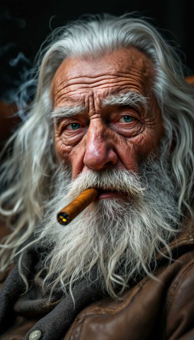 photorealistic, high resolution, intrinsic details, portrait of old man with long white hair and short white beard smoking a glowing cigar (in mouth), smoke rises, sitting in old leather armchair, black dark background, side light, soft shadows, natural skin, wrinkles, detailed skin, bokeh