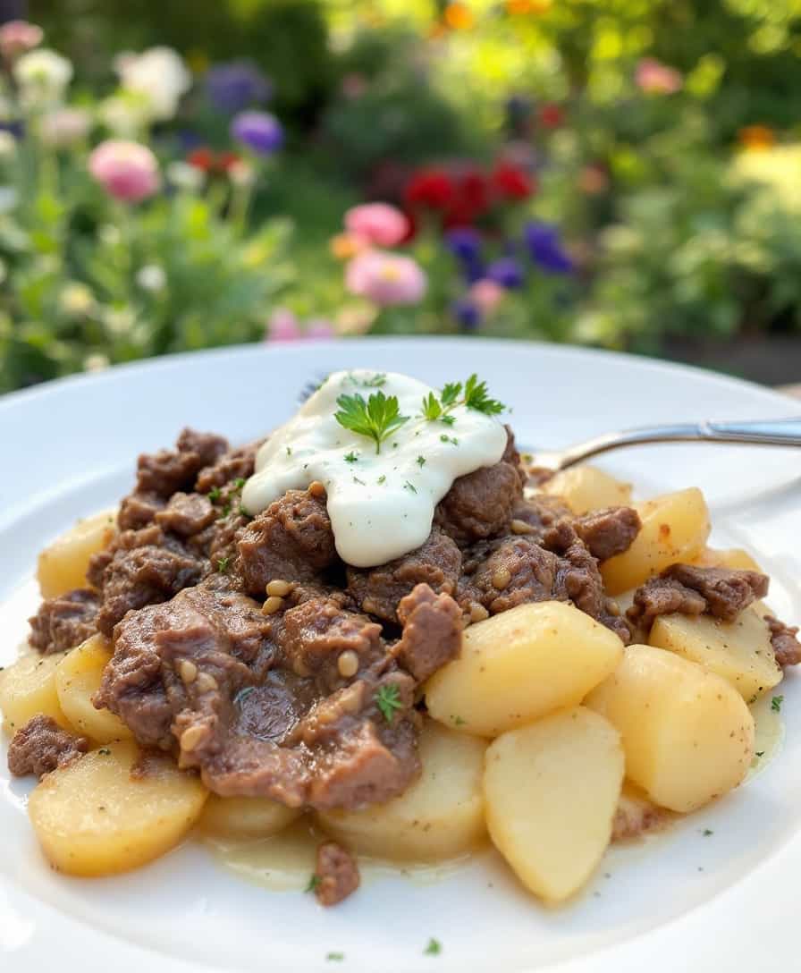 Slow Cooker Beef and Potato Casserole | Amateur photo from reddit. taken with an iphone 15 pro.| SHOT TYPE: Macro Shot Focus on the details and placed in a white plate and with an home garden in broad dayligh background and the details of the garden are clear