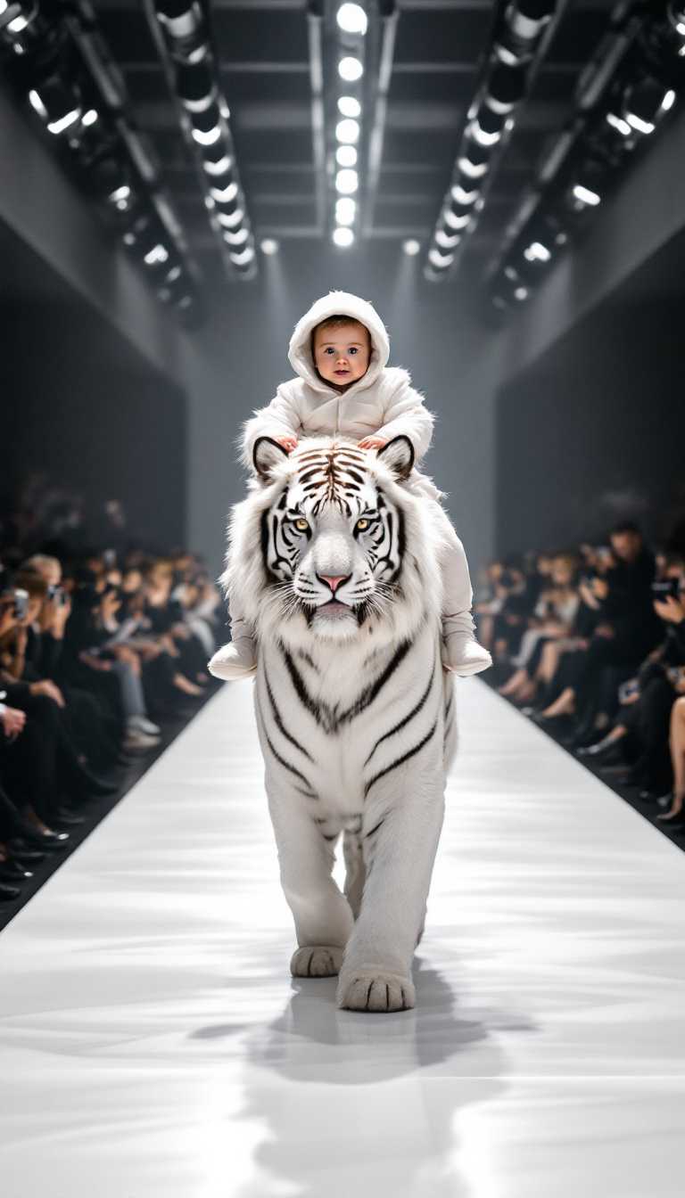 An elegant runway show featuring a baby clad in a white tiger-themed costume, riding a majestic white tiger down a sleek, modern catwalk. The audience is stylishly dressed and seated on both sides, watching intently. Overhead bright lights illuminate the scene, and photographers capture the glamorous and sophisticated atmosphere with minimalistic decor.