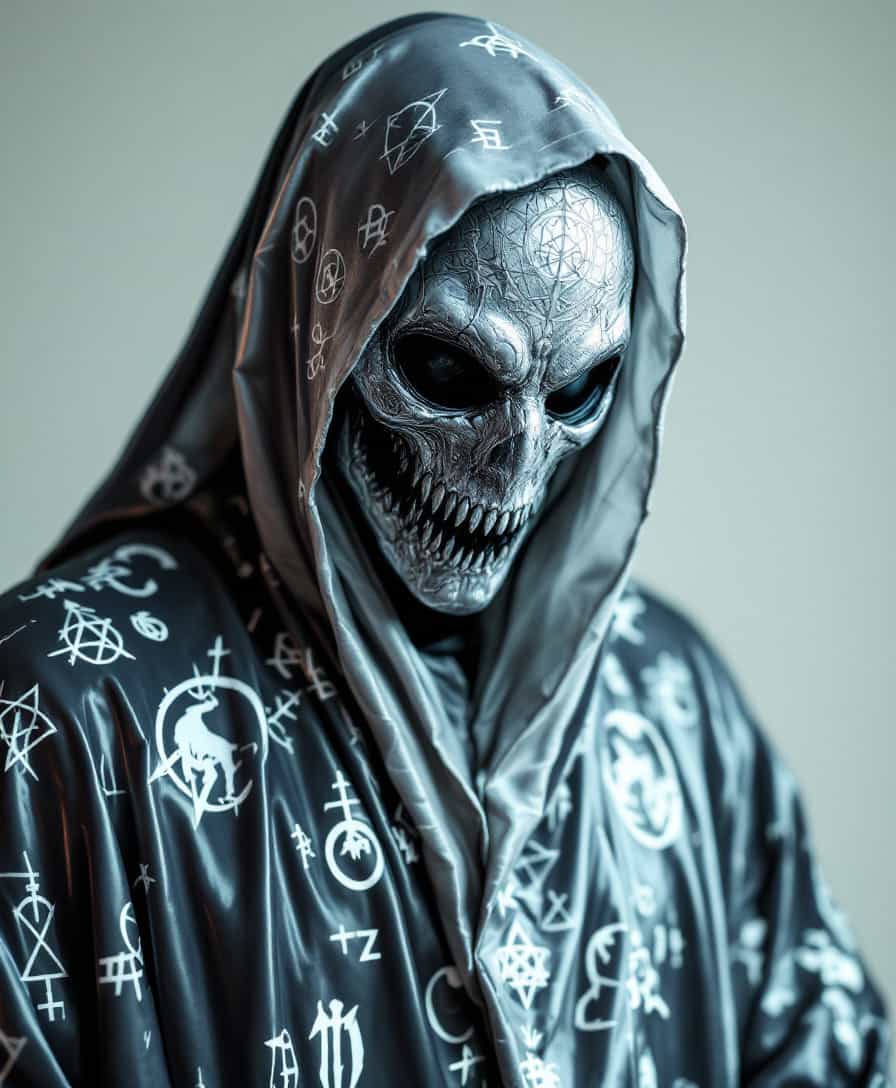 Ultra Detailed emotional gotical cult member with plastic clothes in straight angles robe and satanic white symbols written all over magical robe wearing platinum engraved mask, ultra focus, sharp detail, very scary, little intricacies, close up portrait, studio lighting