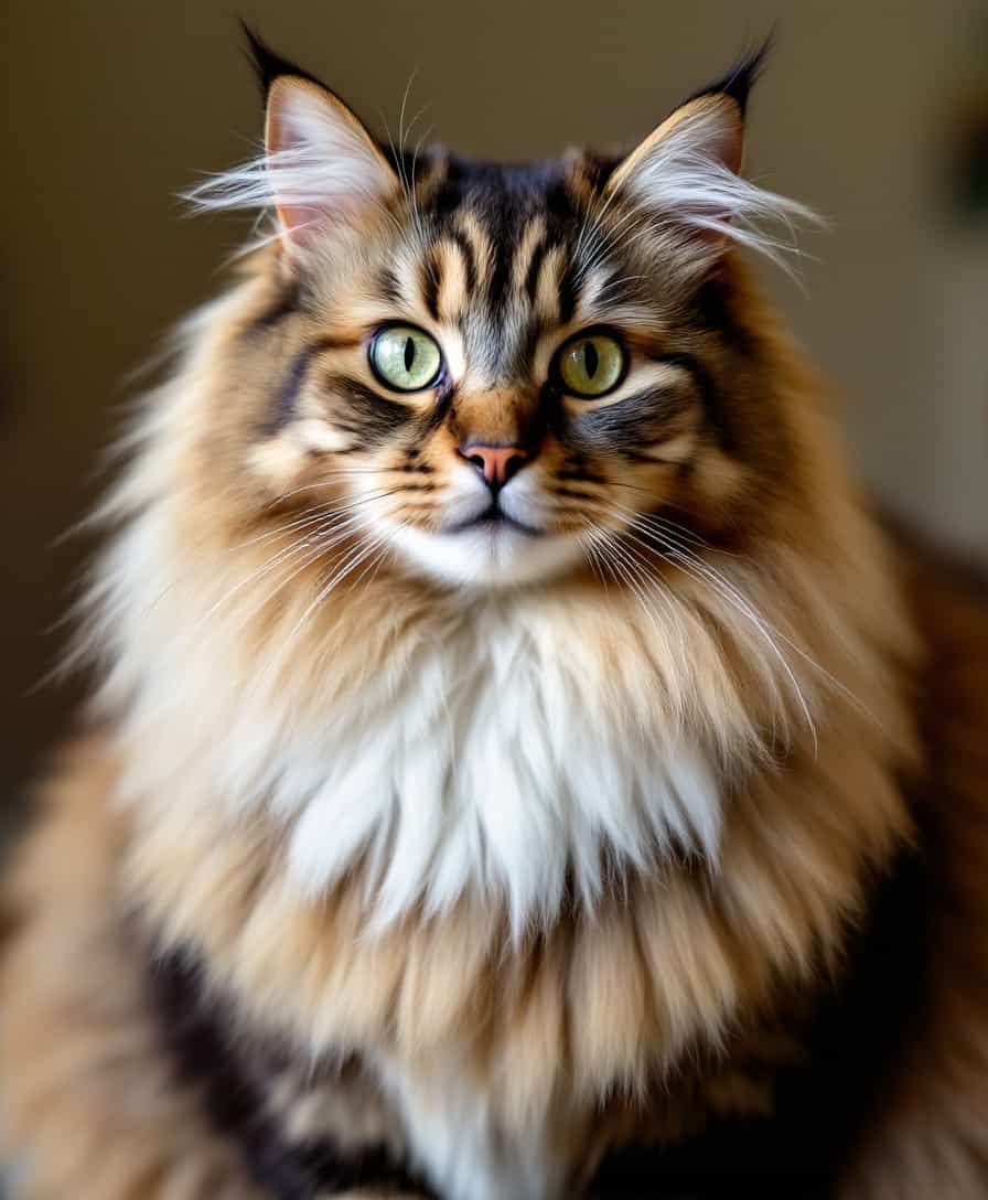 A portrait of a long-haired cat with a thick, fluffy coat, predominantly brown and cream-colored fur with subtle dark stripes. The cat has a majestic and well-groomed appearance, featuring a white mane-like chest, expressive green eyes, and an attentive gaze. The cat's ears are slightly tufted at the tips, adding to its regal look. The lighting is soft, creating a warm atmosphere with a blurred background, focusing on the cat's face and upper body.
