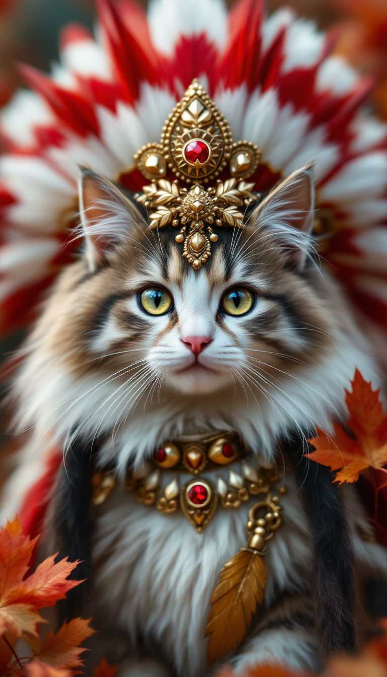Adorned Feline Majesty A Kitty Royal in Feather Headdress and Jeweled Regalia