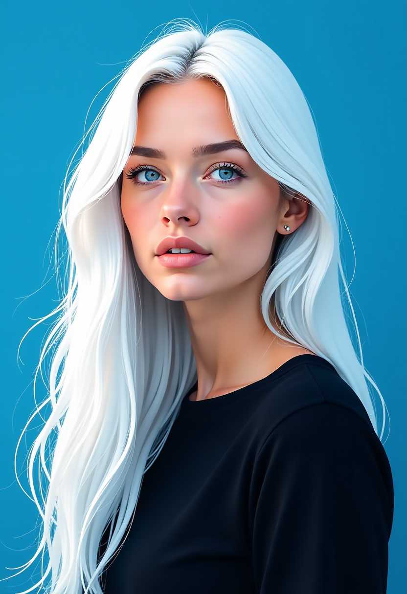 Minimalist vector art illustration of a woman with long white hair, rough digital brush strokes, Extremely overexposed, extremely bright on deep blue background. She is dressed in black shirt. Speed painting low poly sketch. The background color is a flat, pure Klein Blue, with a minimalist, clean, and bright lighting style. This is a simplistic sketch, sharply focused portrait sketch with cinematic studio lighting, resulting in a masterpiece of the highest quality.  her eyebrows are white as well, and her eyes are blue.  she has a small nose and thin lips