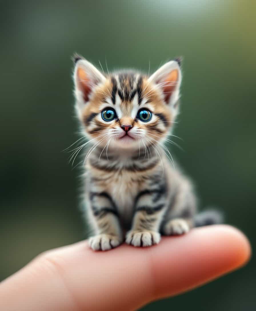 A highly detailed image of an adorable, micro-sized Munchkin cat sitting comfortably on a human fingertip. The cat has short legs, large expressive eyes, and soft fur with subtle stripes. Its tiny paws are gently resting on the fingertip, and its small ears perk up, giving it a curious and playful expression. The human hand is shown in realistic detail, highlighting the small scale of the cat. The background is softly blurred to focus on the miniature cat, creating a charming and whimsical scene