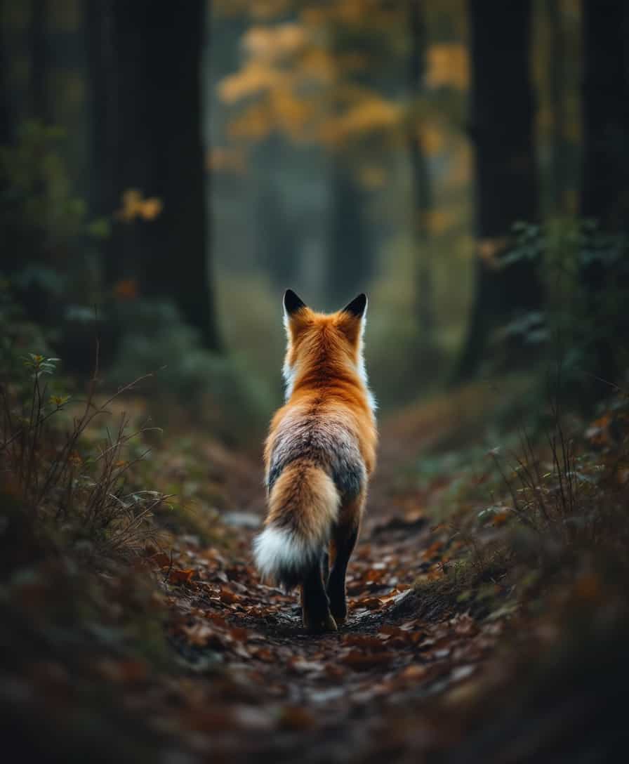 The fox turns its back and walks away, captured from behind, as it leaves the forest in quiet retreat.