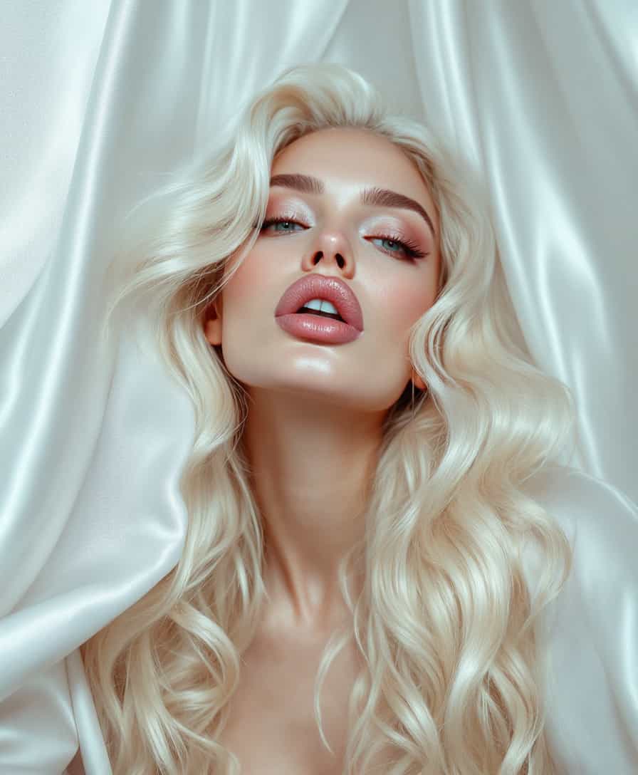 professional fashion photography of beautiful female model with fake big lips in a surreal white silky canopy background. she has a beautiful abundant wavy long platinum blonde hair with extreme professional volume. hyper realistic photography. closed mouth. she also wears heavy professional makeup