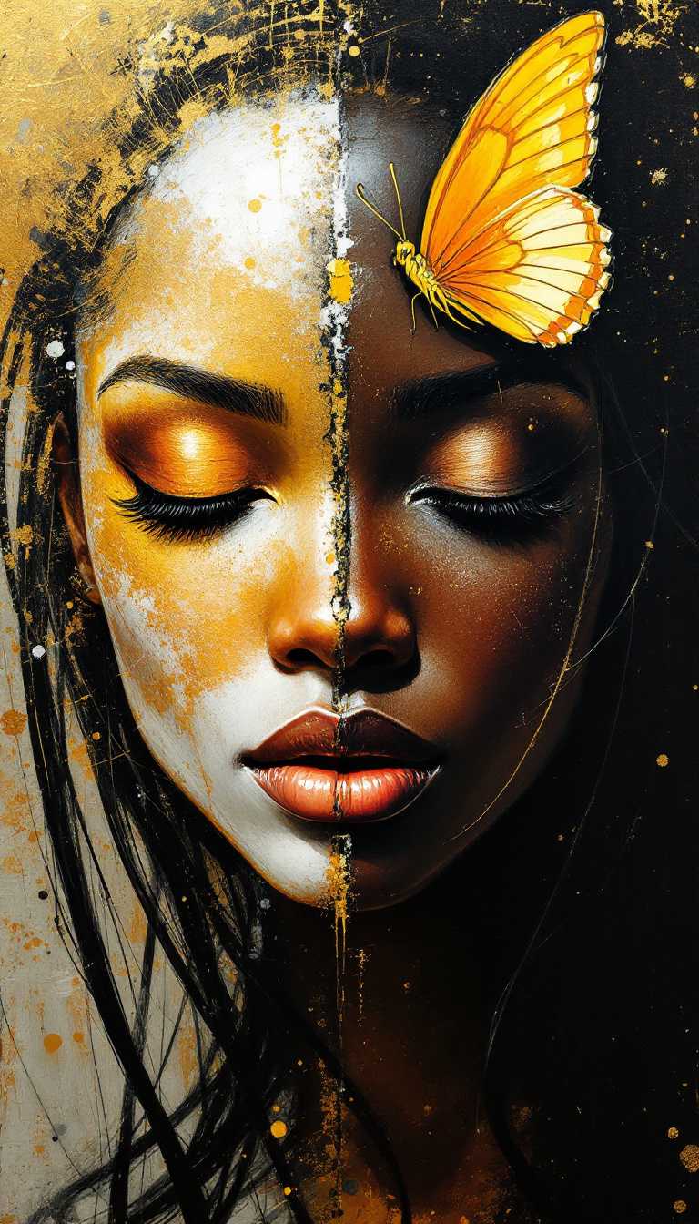 Beautiful abstract painting of an African woman's face with a butterfly, half in gold and white and the other side brown and black. She has long hair and is looking down at her chin. The background is abstract, textured, and grainy