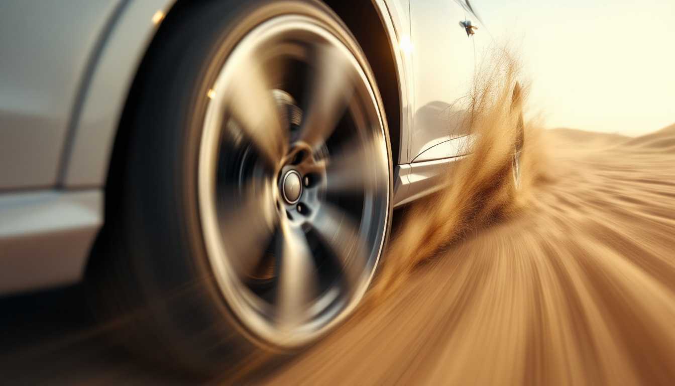 Car Tire in Motion Blurring on Desert Sand