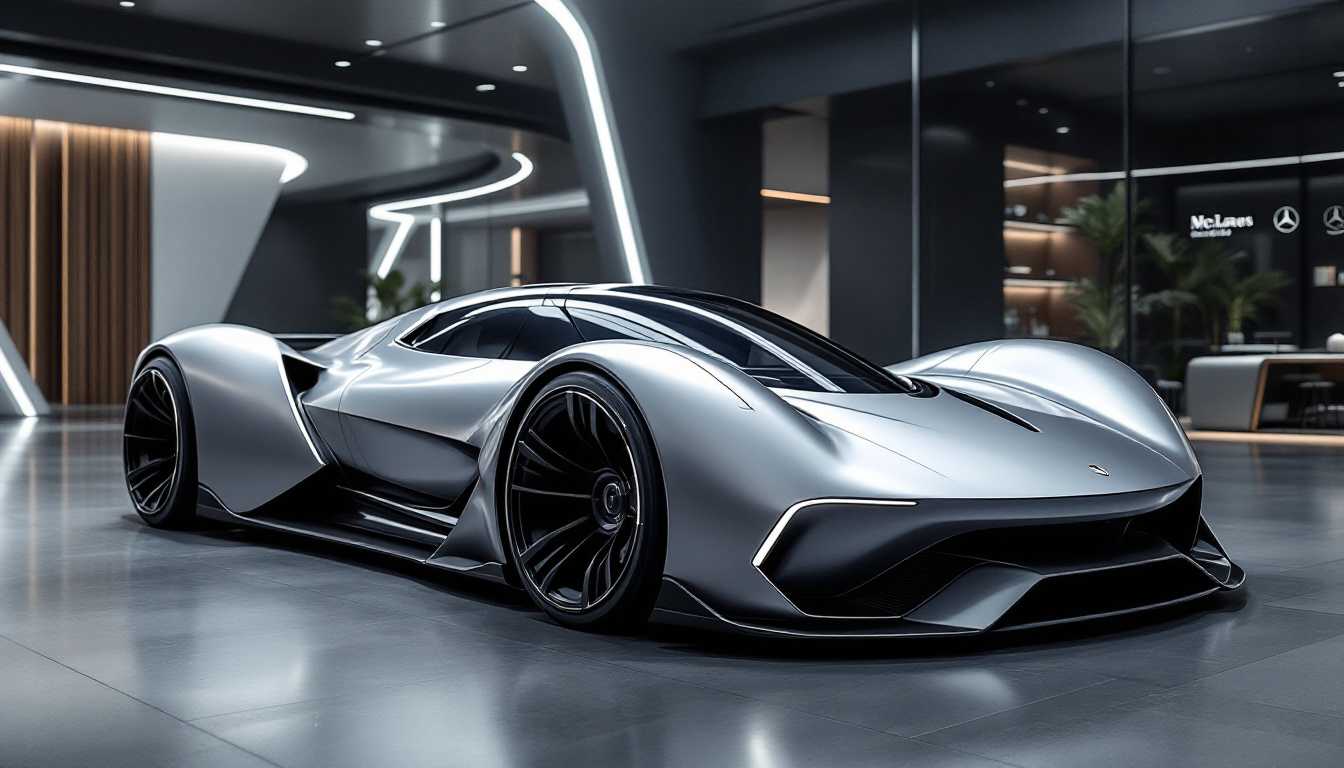 2035 "McLaren" Solus GT, side view, modern look like the angular contemporary cars of all makes, in silver color parked inside a futuristic mercedes showroom with elegant lighting and design elements around it. The wide body with big wheels looks aggressive yet very sophisticated