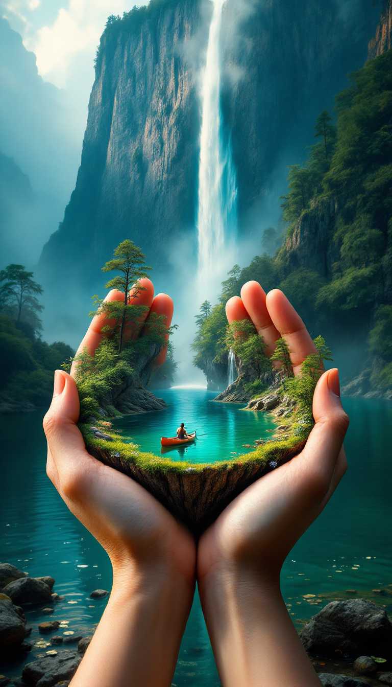 Create an intricately detailed and lifelike image depicting a pair of human hands tenderly cradling a miniature lake. On the surface of the lake, a small canoe floats with a fisherman leisurely casting his line. Towering above the hands, a dramatic cliff looms, from which a powerful waterfall plunges down, appearing to nourish the lake nestled in the palms. The entire composition should evoke a surreal, enchanting atmosphere, giving the impression that a fragment of a tranquil, picturesque landscape is being held gently by human hands