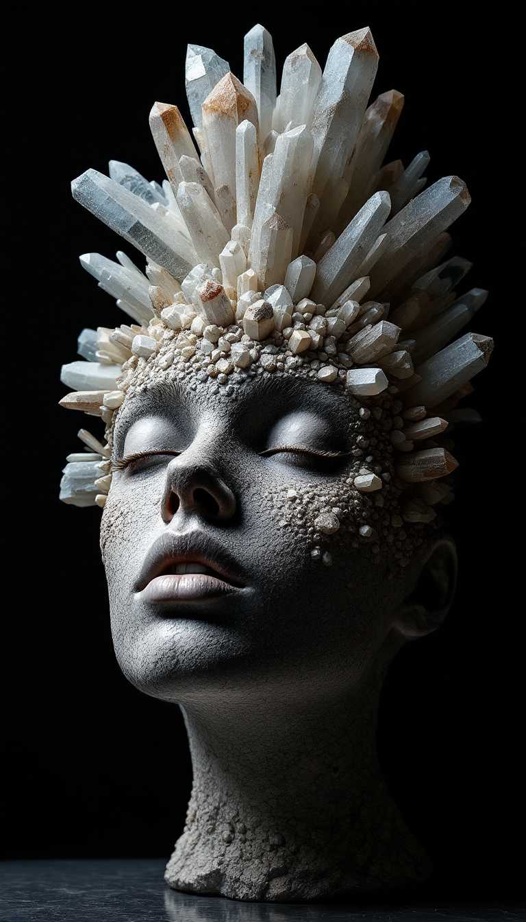 in a rock material style, An evocative sculpture combining human features with crystalline formations is the centerpiece of this image. The foreground is dominated by the intricate detailing of the crystals that seem to erupt from the face. A shadowy background helps to highlight the subject without distraction. The subdued color scheme of browns, greys, and clear whites brings attention to the natural textures of the components. The careful lighting creates pronounced shadows and highlights, giving depth to the sculpture and lending it a dynamic, almost ethereal quality.