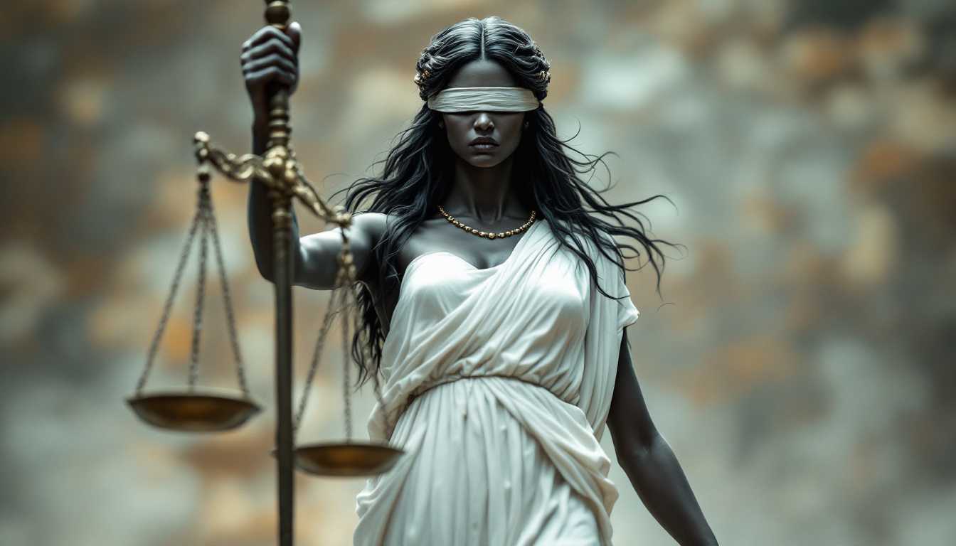I want the image of the Goddess Themis of justice, she is dark with long hair, she has a white dress and she is blindfolded and has a scale in her hand. She is angry.
