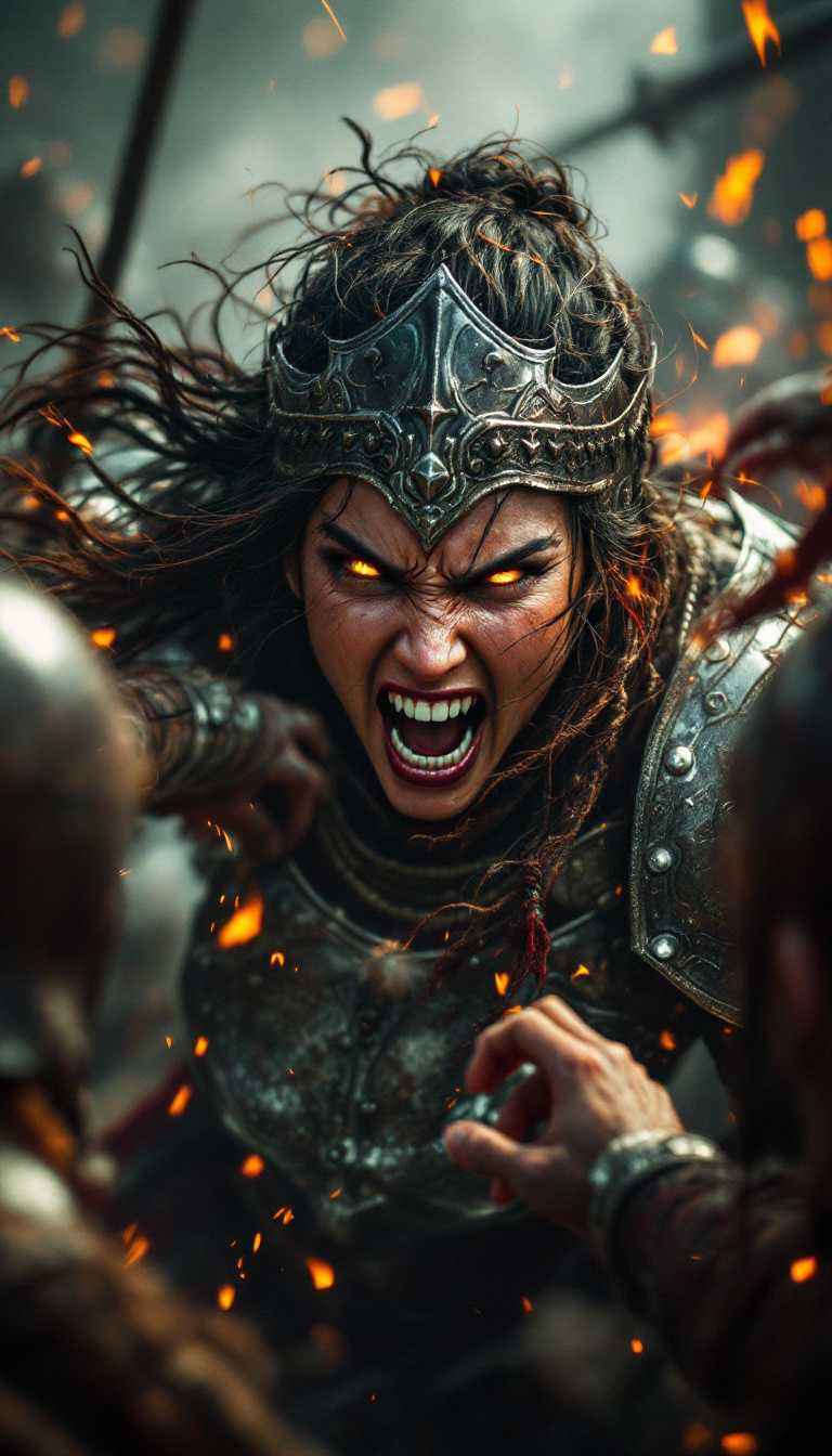 Clad in armor, Juana face, eyes alight with fury, throws herself into chaos with an expression of absolute defiance, while her enemies watch in disbelief. hyper-realistic, emotional-focused scene