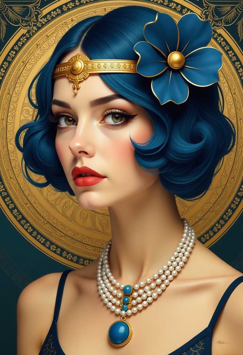 This image is a digital artwork that captures a closeup portrait of a woman. The art style is reminiscent of Art Nouveau or Art Deco, with its intricate details and ornamental elements. The medium appears to be digital painting, given the smooth blending of colors and the lack of texture that might be present in a traditional painting.The colors in the image are rich and vibrant. The womans hair is a deep, royal blue, which stands out against the golden tones of her accessories. The golden headpiece she wears is adorned with a large, ornate blue flower with a golden center, which adds a pop of color to the composition. The circular background behind her is a gradient of gold, with a complex pattern that suggests a celestial or mechanical theme.The womans makeup is done in a style that echoes the opulence of the Art Deco era, with bold, winged eyeliner and a matte red lipstick that contrasts sharply with her pale skin. Her eyes are accentuated with dark, defined eyebrows and subtle eyeshadow, giving her a piercing gaze.She is wearing a necklace with multiple strands of pearls and a pendant that matches the blue of the flower in her hair. The necklace cascades down her collarbone, adding to the luxurious feel of the image.The overall mood of the image is one of elegance and opulence, with a touch of mystery. The womans expression is enigmatic, and the intricate details of her attire and the background suggest a world of wealth and sophistication.