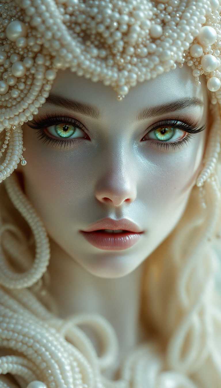 Pure Fairycore in ballerina-albino woman fantasy style, white ornaments, perfect lighting, ultra detailed, redshift render, zbrush, fantasy, extremely detailed and lavish, unreal engine, ultra realistic, enhanced quality, Closeup portrait of a xenomorph gigerized queen, photorealistic character design carved in marble, iridescent, ivory renaissance porcelain face, bright green eyes, transparent fur, symmetry, character portrait, beautiful face, looks like jenna oetega, dramatic, volumetric, soft beige light, warm, cinematic lighting
