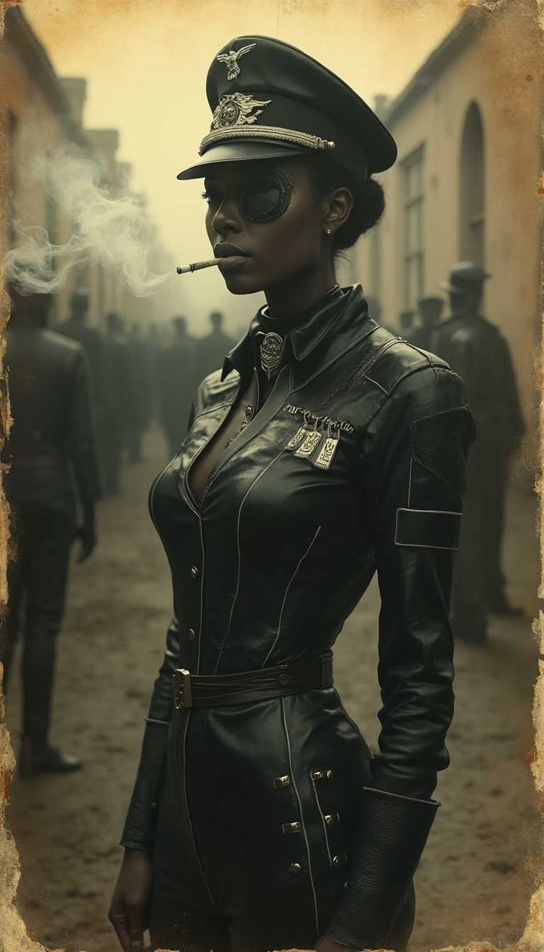 haunting and evocative concentration camp scene reminiscent of vintage family album photographs, an old-looking image with yellow lining and slight tears suggesting age, in the center stands a tall slim very dark black lady, her direct gaze commanding attention, dressed in striking German black leather clothing embellished with poignant symbols, a German death cap adorning her head, she sports a distinct patch over her right eye adding mystery to her presence, as she elegantly exhales a plume of smoke from a cigarette, creating an intimate yet somber moment amidst the stark atmosphere surrounding her, the background subtly populated with the silhouettes of prisoners shadowed by history, the entire composition enveloped in a nostalgic sepia tone evoking a sense of memory, flaws inherent to mobile photography are present such as mild oversaturation enriching colors, occasional blur lending depth and focus, gentle lens flare from ambient light capturing fleeting moments, uneven exposure giving life to shadows and highlights, digital noise subtly enhancing the low-light environment textures, slight color cast deepening the visual narrative, off-center framing compelling viewers into her world,