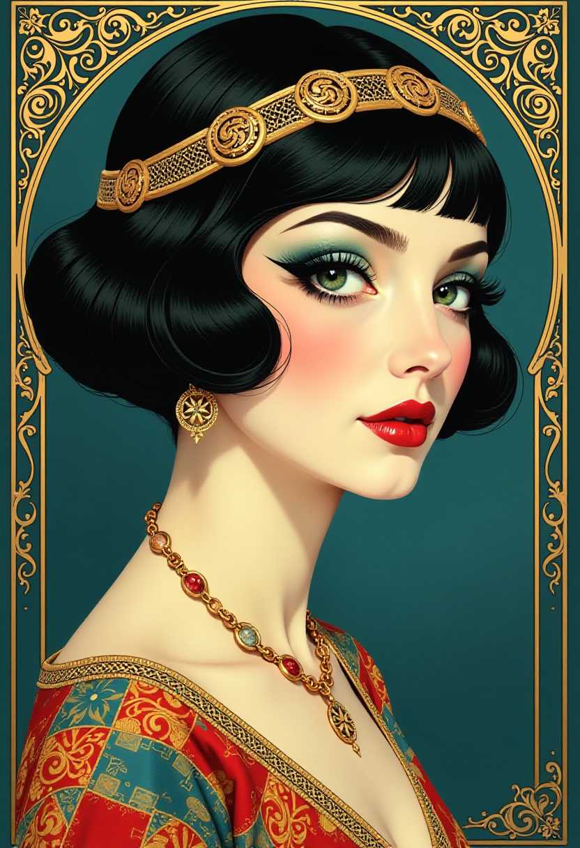 This image is a digital illustration that captures the essence of Art Nouveau or Nouveau Art, a style that flourished in the late 19th and early 20th centuries. The medium appears to be a digital painting, given the smooth blending of colors and the lack of texture that one might expect from traditional painting mediums.The colors in the image are rich and varied, with a predominance of blues, golds, and earth tones. The background is a deep, almost navy blue, which contrasts with the golden filigree patterns that adorn the womans headband, earrings, and necklace. The womans skin is a pale, almost porcelain white, which stands out against the darker tones of her hair and the intricate patterns.The womans hair is styled in a short, bobbed fashion, reminiscent of the flapper hairstyles popular in the 1920s. It is a deep, rich black, with a glossy finish that reflects the light. The hair is adorned with a golden headband that features elaborate, swirling patterns, which are characteristic of Art Nouveau.The womans makeup is done in a style that echoes the fashion of the 1920s, with bold, dramatic eyeshadow in shades of blue and green, and a matte finish on her lips that is a deep, rich red. The makeup is applied with precision, and the womans eyes are accentuated with winged eyeliner and mascara, giving her a piercing gaze.The woman is wearing a garment that is richly decorated with geometric patterns in a mosaic of colors, including red, blue, yellow, and orange. The garment is detailed with beadwork and embroidery, which adds texture and depth to the image.Overall, the image is a celebration of the opulence and intricate detailing of Art Nouveau, with a nod to the fashion and makeup trends of the 1920s. The use of color, pattern, and texture creates a visually striking and aesthetically pleasing composition.