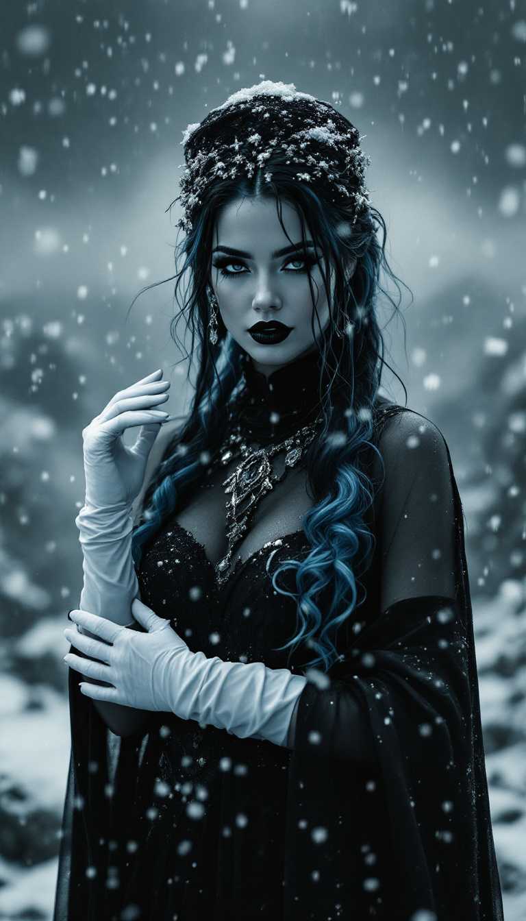 In a stunning black and white photograph, the goddess Frigg stands gracefully amidst a heavy rainstorm, her figure enveloped in a soft blanket of snow that contrasts with the dark hues of her attire. Her striking features are accentuated by selective colors, with her full lips adorned in bold black lipstick, and her eyes framed with thick eyelash liner and strong black eyeshadow, creating a dramatic allure. Frigg's light blue mixed with black ponytails, styled in short ringlets, cascade around her face, glistening with raindrops. She wears elegant white long gloves that extend to her elbows, adding a touch of sophistication to her ensemble. A stylish hat, possibly a wide-brimmed design, adds to her mystique while also being drenched in the downpour. The backdrop of a winter landscape, with snowflakes swirling around her, enhances the ethereal quality of the scene, while the contrast of the dark storm clouds above creates a striking visual dynamic. The composition captures her full-body shot from a distant perspective, emphasizing her elegance and the surreal atmosphere. Keywords: black and white, selective color, full-body shot, distant perspective, dramatic lighting, winter scene, ethereal quality, graceful pose, striking contrast, rainstorm, snow-covered landscape, timeless elegance