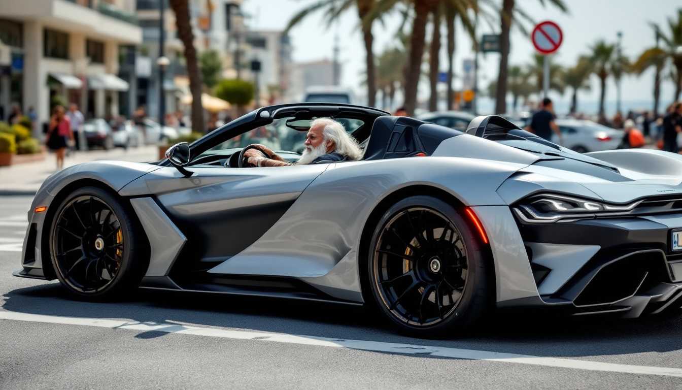 Old man, white long white hair and white beard sitting in a 2035 "McLaren" Solus GT (Cabrio), side view, modern look like the angular contemporary cars of all makes, in silver color in the streets of south Italian city on the coast line . The wide body with big wheels looks aggressive yet very sophisticated