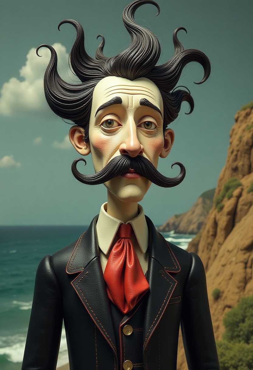 This image features simplified 1930s cartoon 3d characters and scenery that appears to be painted wooden figures or puppets without strings. The subject of the image is a very stylized depiction of a man's face with a pale complexion and a long, flowing mustache. The figure is wearing a black suit with a red cravat and a white shirt underneath. The suit has intricate detailing, and the figures hair is styled in a wild, swirling fashion, reminiscent of a tornado. The background is a hilltop overlooking a stormy sea. 
