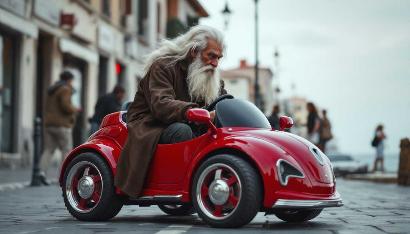 An elderly gentleman pilots a toy car with an air of seasoned determination