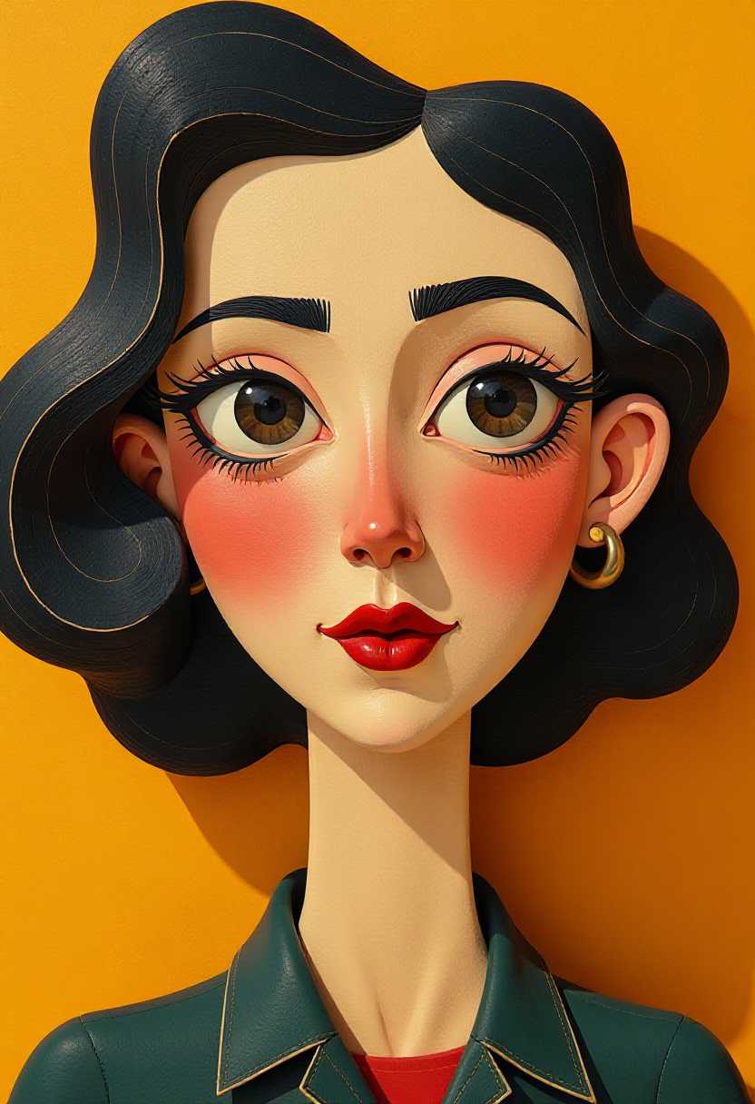This image features simplified 1930s cartoon 3d characters and scenery that appears to be painted wooden figures or puppets without strings. The objects in the image are primarily geometric shapes and lines that form the womans features and the background. The shapes are angular and irregular, with jagged edges and right angles that give the image a contemporary and edgy feel. The lines are thick and bold, with a slight shadow that adds depth to the shapes.Overall, the image is a visually arresting piece that combines pop art sensibilities with surrealism, using bold colors and abstract shapes to create a playful and dynamic representation of a womans face.
