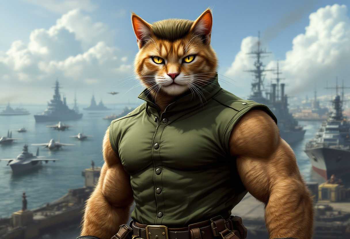 Title: "Anthropomorphic Cat as Guile in a Military Harbor"

Description: An anthropomorphic cat character embodying Guile from Street Fighter 2 stands confidently in the foreground. The cat features muscular, anthropomorphic proportions, while maintaining feline characteristics such as ears, whiskers, and a tail. Its fur is a sleek, military green, akin to Guile's iconic camouflage outfit. Striking a powerful pose, the cat's expression is fierce and focused, with piercing eyes that reflect determination. The hairstyle resembles Guile's trademark flat-top, crafted with meticulous fur detailing.

Style: Hyper-realistic digital painting that blends anthropomorphism with realistic textures.

Composition: The anthropomorphic cat is centered prominently in the frame, viewed from a low angle to emphasize its formidable presence. Behind it, a panoramic view of a bustling military harbor unfolds, with battleships and fighter jets dotting the horizon.

Visual Details: The harbor is depicted with rich textures, from the metallic gleam of the ships to the shimmering water surface. The sky is a dynamic blend of oranges and purples, suggesting a vivid sunset, with light reflecting off the water and metal surfaces, casting dramatic shadows.

Mood and Atmosphere: The scene conveys intensity and anticipation, with the ambiance of a military compound