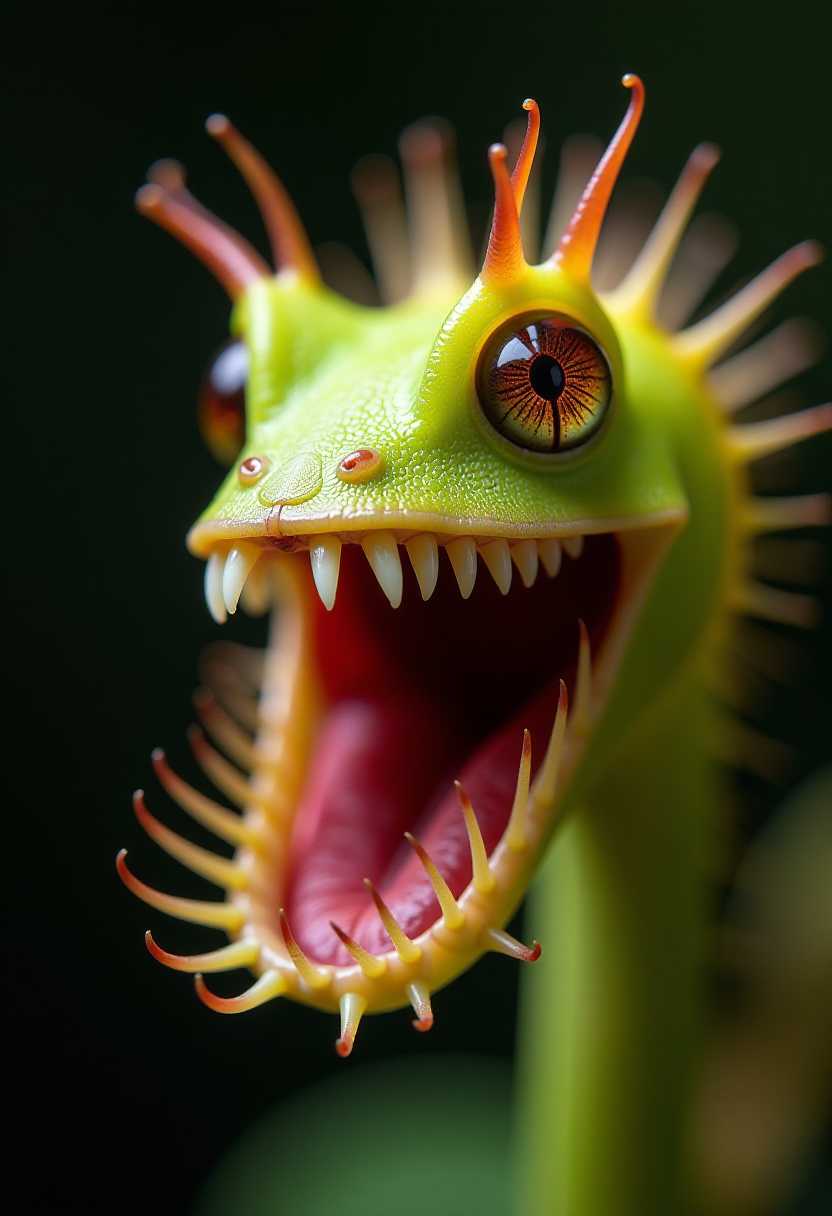 Vivid Green Carnivorous Plant with Spiky Protrusions and Gaping Mouth