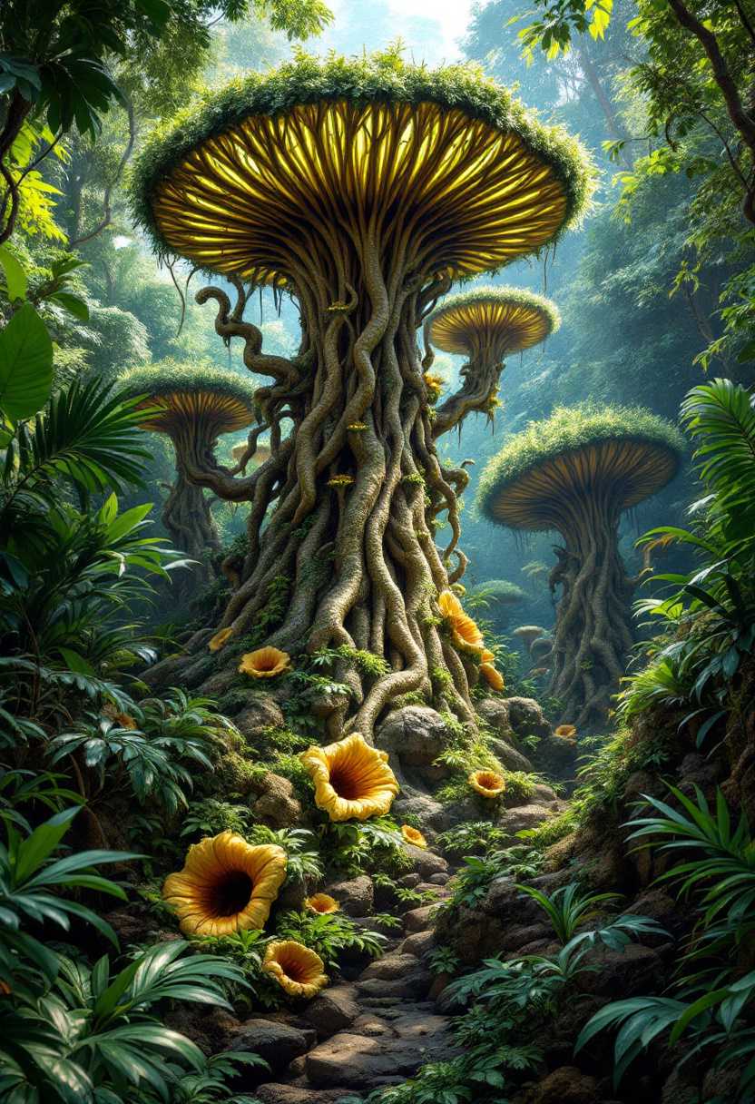 Carnivorous trees in a lush jungle