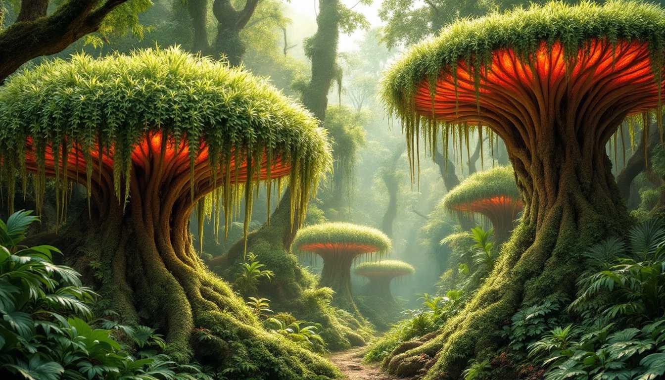 Carnivorous trees in a lush jungle