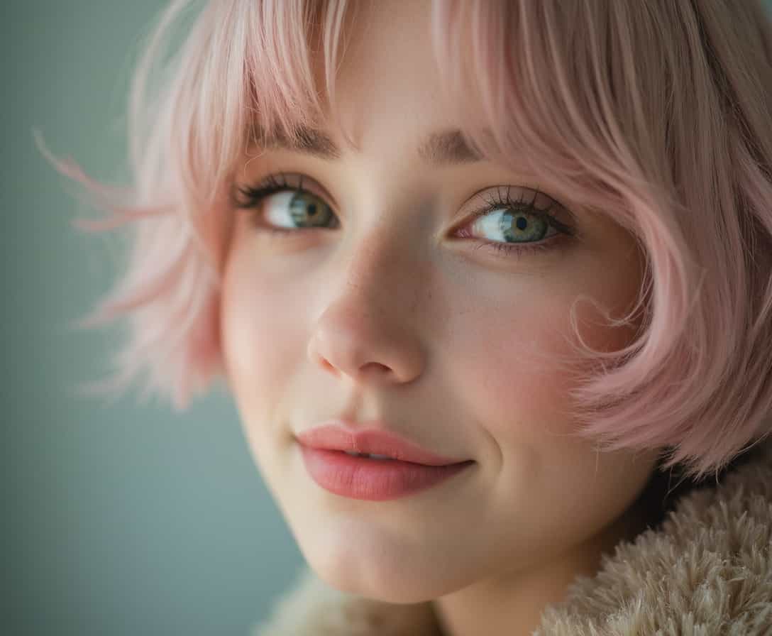 Capture a close-up portrait of a young woman in her twenty’s focusing on her soft and rounded features that exude warmth and friendliness. Her face is oval, delicately structured, with a short bob haircut featuring a straight fringe that skims just above her eyebrows. The haircut frames her large, expressive eyes, filled with a curious and playful air, as they gaze slightly to the side. Her hair is a striking shade of blonde subtly infused with a pastel pink tint, adding a layer of uniqueness and whimsy to her look. Her skin is fair and luminous, with a natural glow highlighting her cheeks, conveying a sense of health and vitality. She wears a gentle, inviting smile that enhances the friendly atmosphere of the image. Her outfit consists of a cozy jacket adorned with a plush fur collar, which frames her face further, amplifying the image's comforting and inviting essence. The background is purposefully blurred to emphasize her distinctive hairstyle and charming expression.

**Style**: Photorealistic portrait photography, with emphasis on soft textures and vivid color contrasts.

The woman's face is centered in the frame, with the camera positioned at eye-level to capture the subtleties of her expression