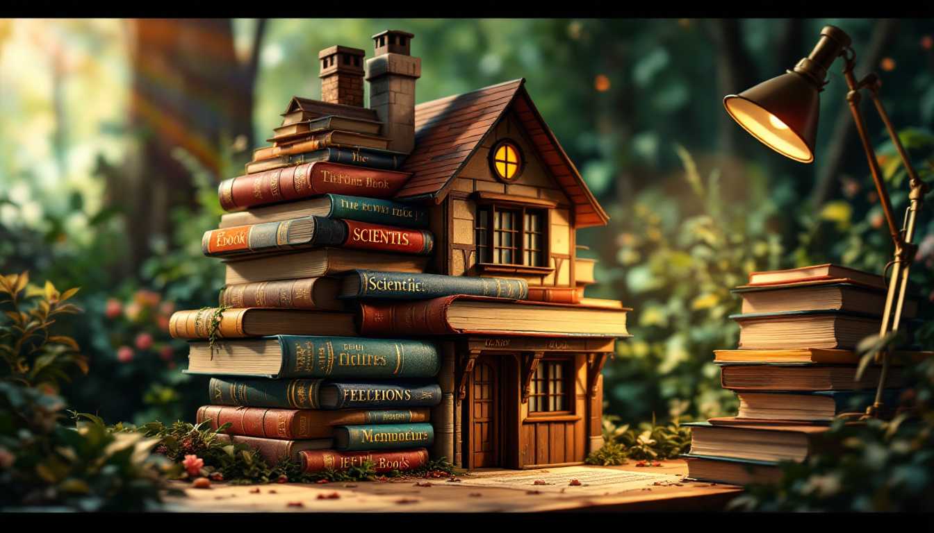 Ghibli style Anime picture, whimsical architectural model composed entirely of stacked old books, intricately arranged to form a quaint, cottage-style house. This imaginative structure blends both softcover and hardcover books, with spines revealing random scientific titles embossed in faded gold lettering. The color palette of the book covers varies from deep browns and rich reds to muted blues and greens, showcasing the textures and slight wear of their bindings. In the background, a forest of gently rustling sheets of paper adds depth and intrigue, their movement captured in a suggestion of a gentle breeze. A desk lamp positioned to the side casts a warm, sunny light across the scene, accentuating the unique contours and angles of this literary abode. A spectrum of rainbow colors lightly bathes the entire setting, enhancing the magical and enchanting atmosphere. The composition is viewed through a wide-angle lens, capturing the full grandeur of the house of books and the surrounding papery forest, focusing on vividness and detail. The overall mood is whimsical and wondrous, evoking the nostalgic charm of a beloved library. Employ high dynamic range (HDR) techniques to accentuate the vibrant colors and soft, ambient lighting.