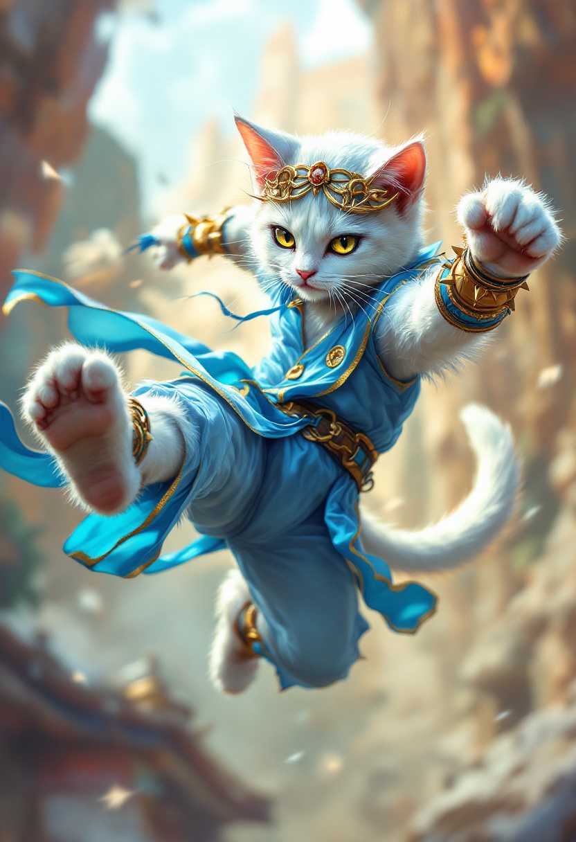 Title: "Anthropomorphic Cat as Chun-Li Performing a Dynamic High Kick"

Description: Create a dynamic and thrilling scene featuring an anthropomorphized cat embodying the character Chun-Li from the iconic Street Fighter 2 video game. The feline has a sleek and athletic build, with feline facial features and expressive eyes. Its fur is a vibrant shade of white with subtle, shimmering reflections adding to the character's allure. The cat is dressed in Chun-Li's signature outfit, intricately detailed with azure blue silk fabric, gold-trimmed edges, and the traditional spiked bracelets. 

Visual Details: Focus on the exquisite textile patterns of the attire and the lustrous, reflective elements of the bracelets. The lighting accentuates the cat's fur, adding depth and contrast, with a slight motion blur to emphasize the high-speed action.

Style: Capture the scene with a vibrant and energetic illustrative style, reminiscent of classic 90s arcade video game art, merging realism with stylized exaggeration.

Composition: Frame the cat in mid-air, performing a graceful yet powerful high kick. Position the composition such that the cat's extended leg leads the viewer's eye diagonally across the scene. The background suggests an urban landscape with blurred neon lights to convey an arcade game