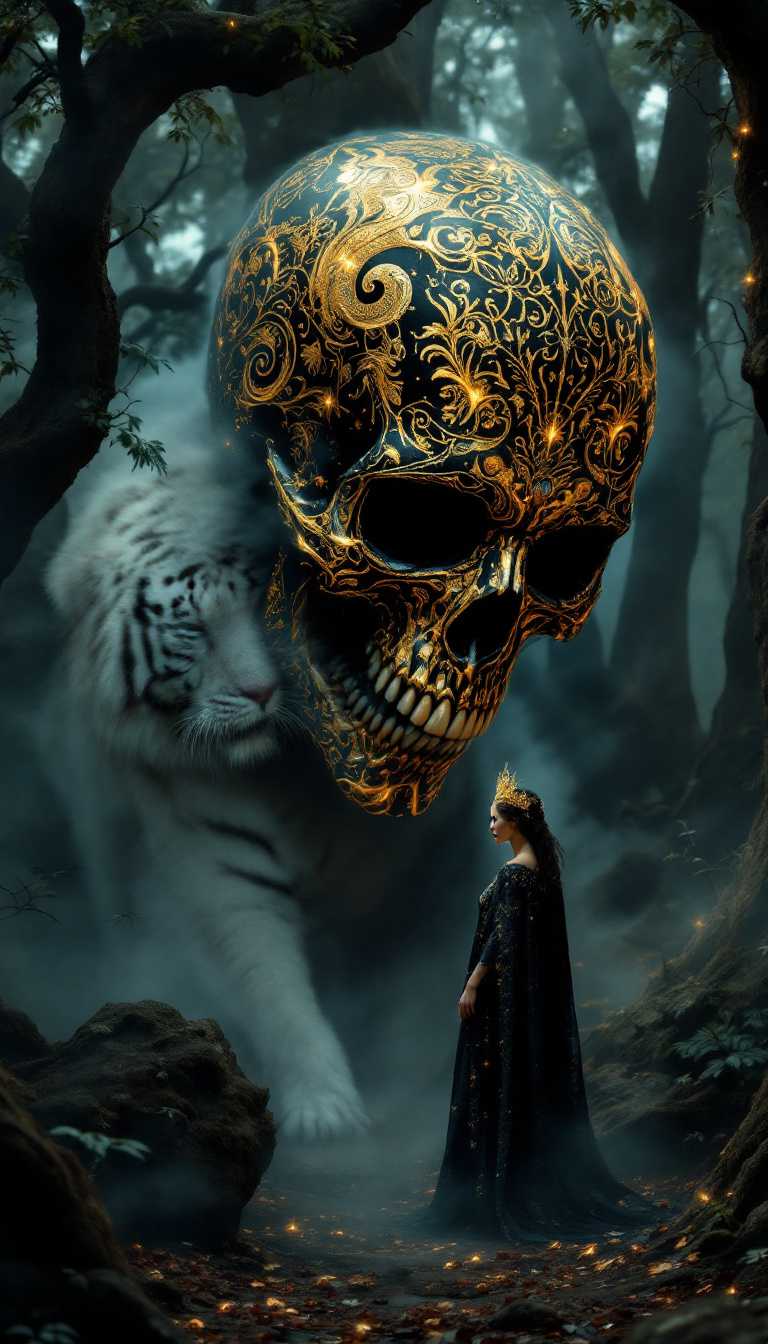 In a captivating blend of ornament art and fantasy, the scene unfolds with a skull at its core, lavishly adorned in gold and black decorations that shimmer against the darkness. Its intricate details catch the faintest glimmers of light, drawing the viewer's gaze and immersing them in an atmosphere steeped in mystery and the supernatural. Surrounding the skull, the shadows of an ancient forest creep in, dense and lush, with towering trees that seem to whisper secrets of ages past. 

Emerging from this eerie landscape is a luminous figure—a woman draped in elegant attire, her crown glistening like a beacon of power amid the gloom. She stands confidently beside a majestic white tiger, whose intense gaze locks onto the skull, creating a striking connection between the two dominant figures. The juxtaposition of the macabre and the mystical deepens the scene, as the woman embodies both strength and grace, commanding the attention of the fierce creature at her side.

The background is a tapestry of dark greens and browns, the fog curling around the tree trunks like ethereal spirits. This enchanted setting enhances the skull's eerie vibe, creating a narrative that feels both grounded and magical. The interplay of light and shadow accentuates the intricate details of the decorations, while the warm hues evoke a sense of ancient wisdom. Together, they weave a powerful visual tale, leaving a lasting impression that lingers in the mind long after the viewer has departed.