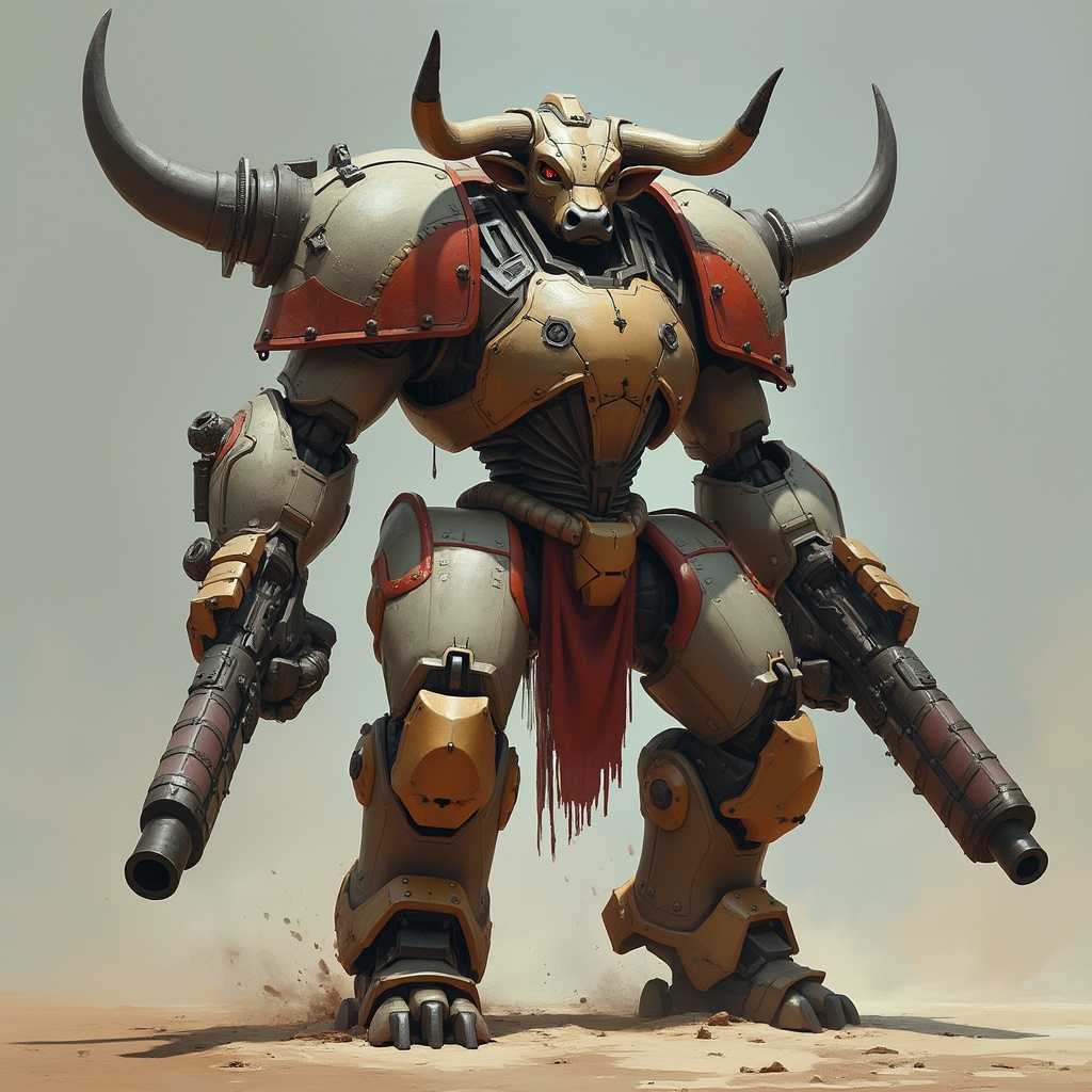 Create the image of a futuristic bull mech warrior with cannons.