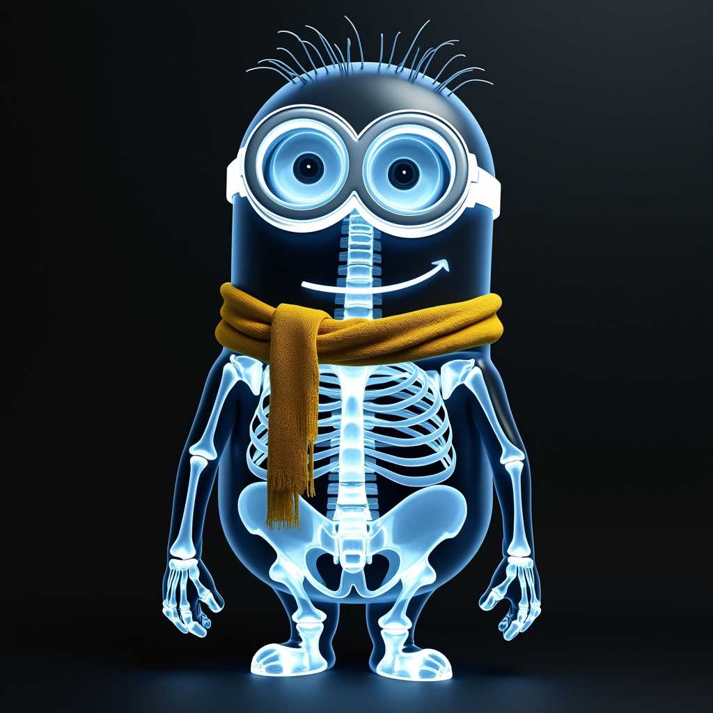 A striking and unique X-ray style portrait of a Minion character. The Minion's skeletal structure is clearly visible, with its bones highlighted in a dark blue hue, contrasting with the black and white shading of its skin. The Minion is wearing its iconic overalls, goggles, and yellow scarf, showcasing its signature style even in this unusual representation.The background is a dark void, focusing attention on the intricate detail of the X-ray image.