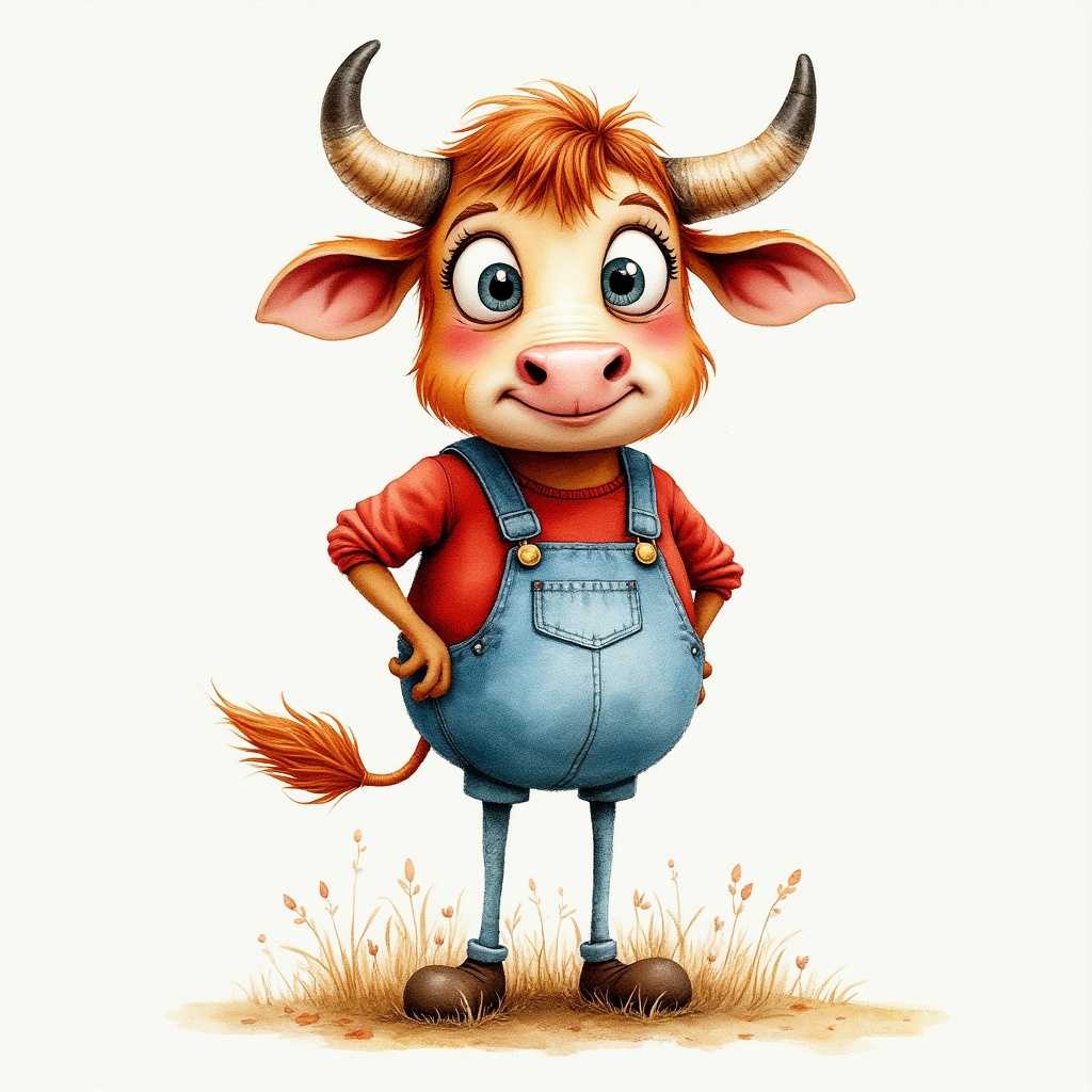 A watercolor pencil drawing of a quirky bull with big eyes and long legs. The bull is wearing a red shirt and blue overalls. The bull is standing on a white background. The drawing has a children's book illustration style and is full color with a white background. The image is high resolution and has no outline.