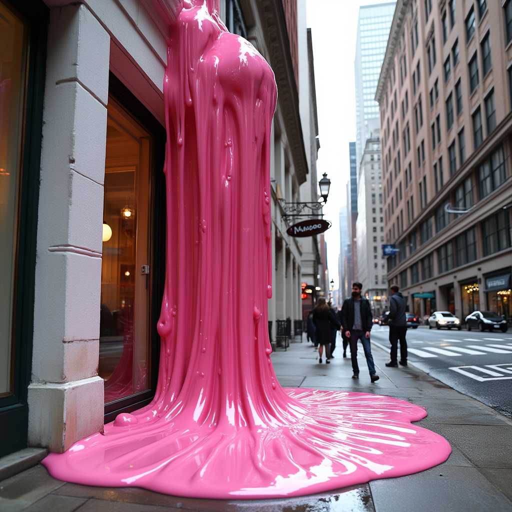 A photo of pink glossy metallic slime dripping down a building in New York City. The slime is dripping from the top of the building and forming a large puddle at the bottom. The building has a white facade and is surrounded by a cityscape with other buildings. The slime has a shiny surface and reflects the surroundings. The background contains a few people standing on the sidewalk.