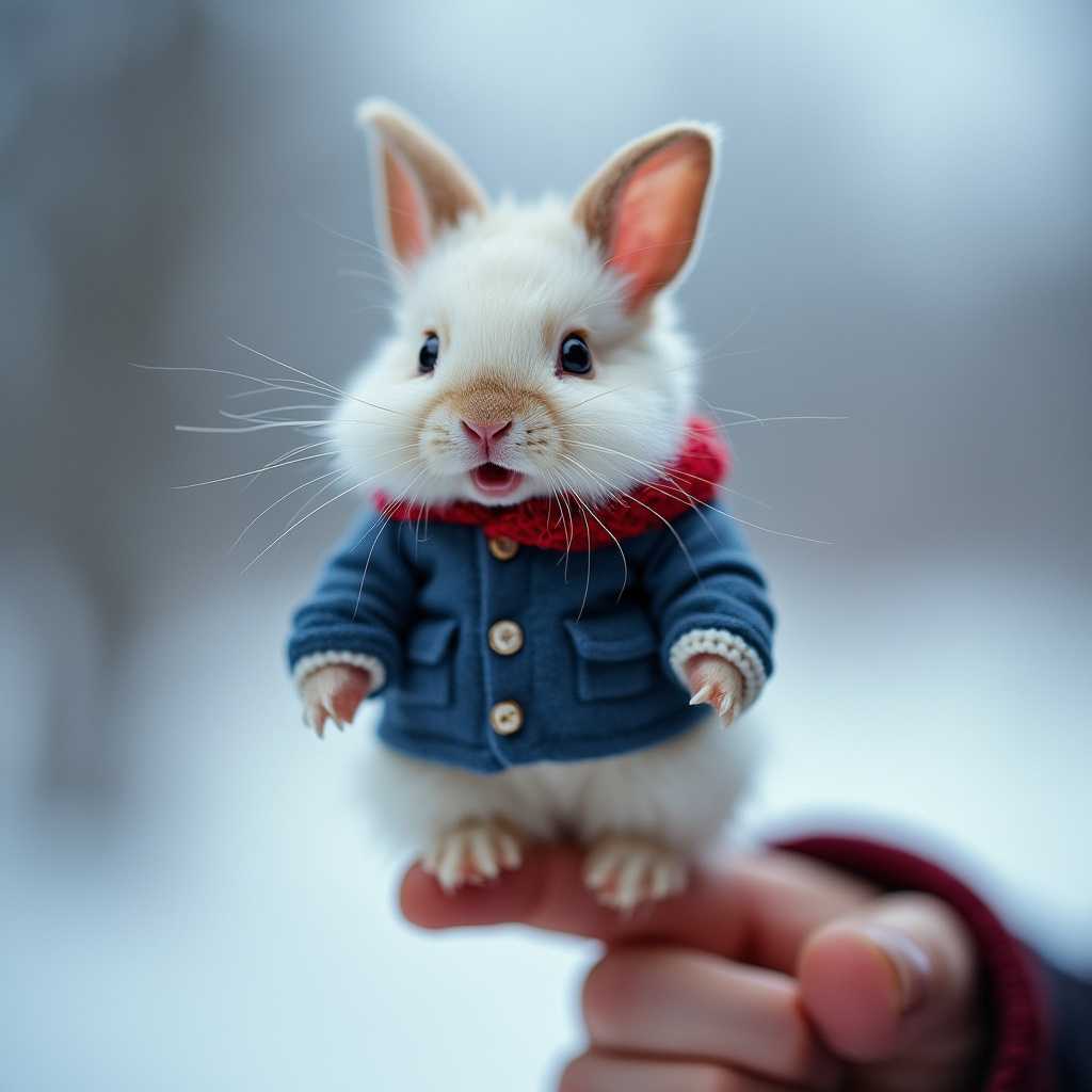 A photo of the world's smallest laughing baby long-haired white rabbit perched on someone's finger. The rabbit is wearing a tiny blue jacket and a red scarf. The rabbit's eyes are wide open and its ears are standing straight up. The background is blurred and contains a snowy landscape.