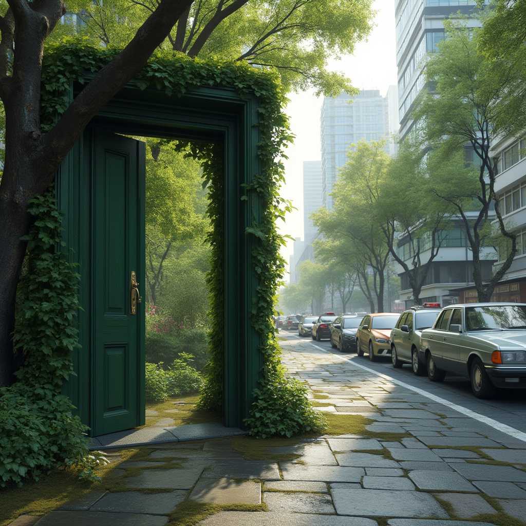 A hyperrealistic photograph of a modern busy cityscape with a door that leads into a lush green forest. The city has tall buildings with glass windows and the street is filled with cars and pedestrians. The door is made of wood and is painted green, with vines growing over it. The forest has tall trees with green leaves and the ground is covered with moss. The lighting is soft.