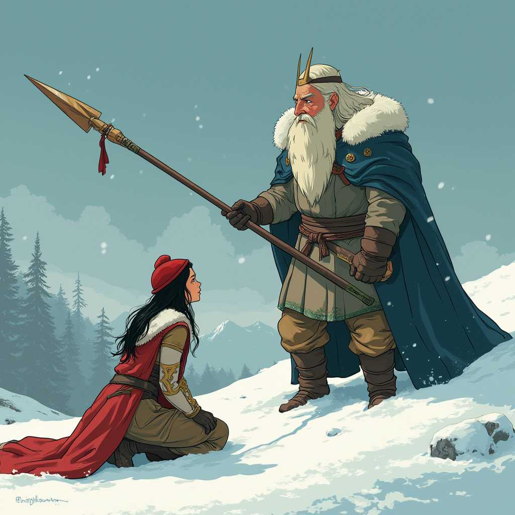 A cel-shaded animation style image of a Guntic warrior woman in winter clothing, carrying a Geatish spear. She is kneeling before a great king. The background is a snowy landscape. The image has a light anime influence and is in the style of Isao Takahata.
