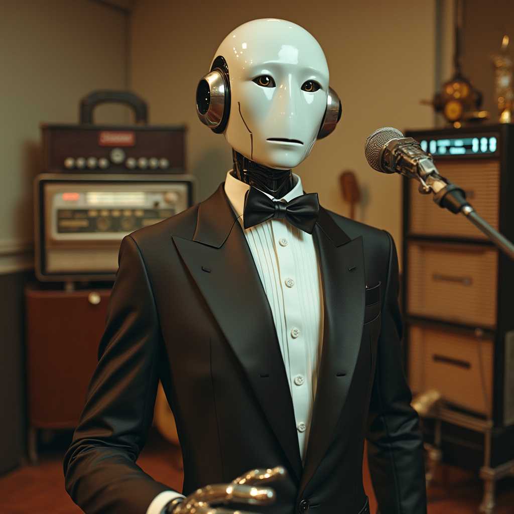 Robot in Tuxedo with Microphone A Futuristic Scene