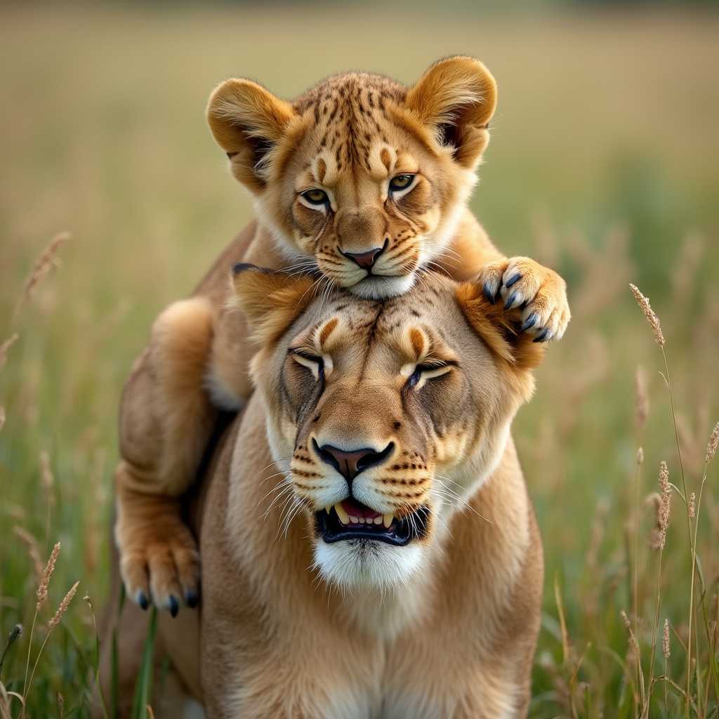 A photo of a baby lion climbing on its father's back in a grassy field. The father lion has his eyes closed and is smiling. The baby lion is holding on tightly to the father lion's mane. The background is filled with tall grass. The lighting is soft.
